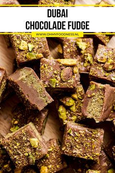 chocolate fudge with nuts and pistachio on top, in front of the title