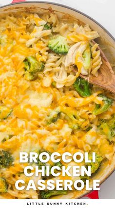 broccoli chicken casserole in a red and white pan