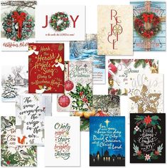 many different christmas cards are arranged together