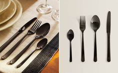 there are black forks and spoons on the table