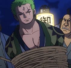 two anime characters with green hair and one is holding a rope in front of him