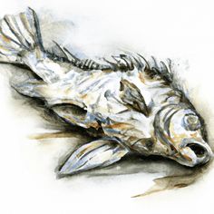 a drawing of a dead fish on a white background with watercolors and ink