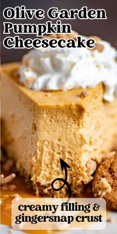 a piece of cheesecake on a plate with whipped cream and cinnamon crumbs