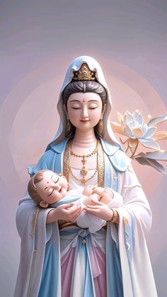 a statue of the virgin mary holding a baby in her arms with a lotus behind it