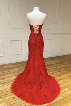 Strapless Sweetheart Neck Mermaid Red Lace Long Mermaid Red Lace Red Lace Prom Dresses Prom Dress Mermaid, Lace Long Prom Dress, Red Formal Dresses, Red Lace Prom Dress, One Shoulder Dress Long, Prom Dress With Train, Red Mermaid, Rush Dresses, Dress Mermaid