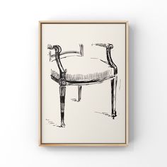 a black and white drawing of a chair in a frame on the wall above it