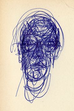 a blue drawing of a man's face with many lines on the forehead and eyes