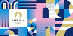 the olympic logo is surrounded by geometric shapes and colors in blue, pink, yellow, and purple