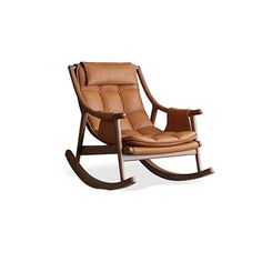 a brown leather rocking chair on a white background