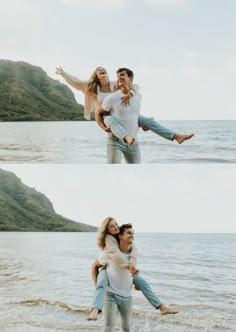 a man carrying a woman in his arms on the beach