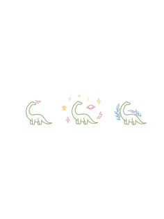 three dinosaurs are standing in the middle of a white wall with stars and leaves on it