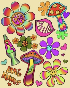 an assortment of colorful stickers with flowers and hearts on the bottom, one has a smiley face