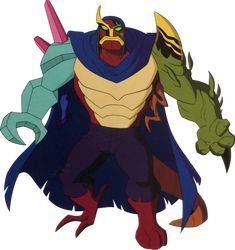 an animated image of a man with two different colored monsters on his shoulders and arms