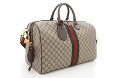 Gucci Brown Canvas Monogram Duffle Bag with Red Green Stripe Gold Hardware. This item is in excellent condition.Length: 17.5"Depth: 9.5"Height: 10.5" Brand = Gucci Color = Monogram Condition = Excellent Item Number: 12997-85 Item ID: 171654 Category: Duffle