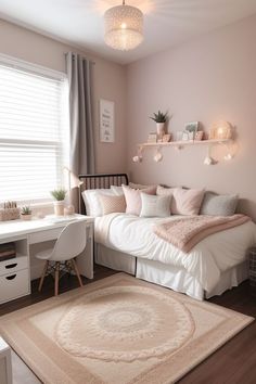 a bedroom with pink walls, white furniture and rugs on the floor in front of a window