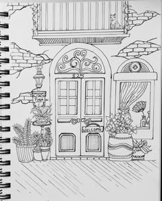 a black and white drawing of a door with potted plants on the front porch