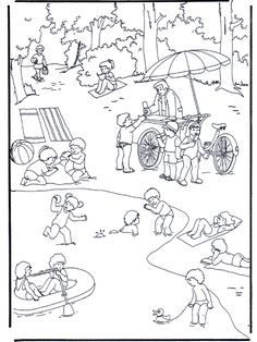 a black and white drawing of people in the park