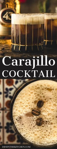 there is a poster for caramel cocktails on the table