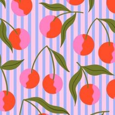 a pink and blue striped wallpaper with cherries on it's branches,