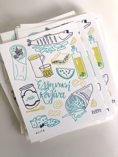 three greeting cards with hand drawn designs on them, each featuring different types of food and beverages