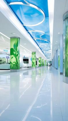 an empty lobby with blue and green painted ceilings