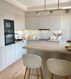 two stools are in front of the kitchen counter