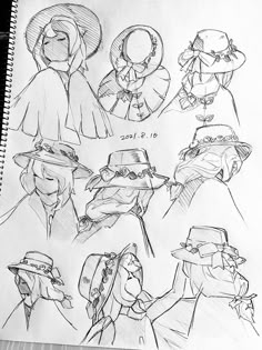 some sketches of hats and people in different poses on a piece of paper with pencil