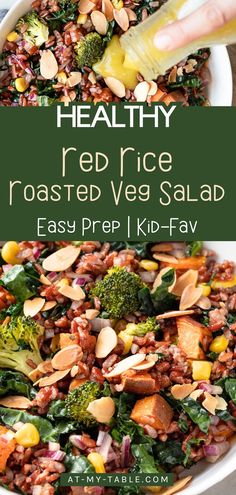 A close-up of a hearty red rice salad recipe with caramelized roasted vegetables, fresh greens, and sliced almonds, ideal for quick healthy family meals Healthy Rice Recipes, Healthy Rice, Easy Healthy Eating, Vegetable Rice, Roasted Vegetable, Red Rice, Rice Salad, Free Meal, Healthy Family Meals