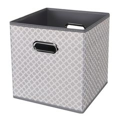 a gray and white storage bin with handles on it's sides, one side is open