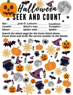 halloween seek and count game with jack o'lantern, spider web, pumpkins and bats