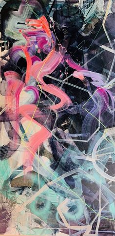 an abstract painting with various colors and shapes on it's surface, including lines