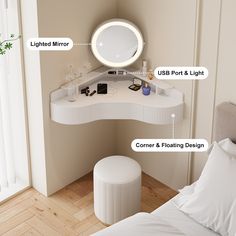 a white vanity table sitting next to a bed with pillows and pillow on top of it