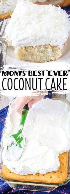 a person spreading icing on top of a coconut cake in a glass baking dish