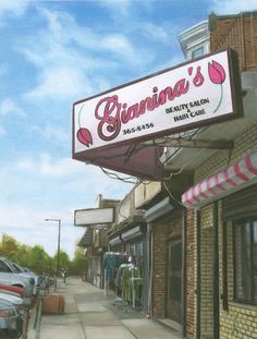 a painting of a store called gianni's beauty salon on the side of a street