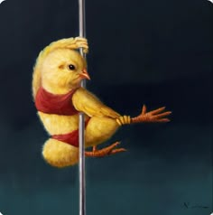 a painting of a yellow bird hanging on to a pole with its head stuck in the pole