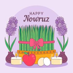 a happy nouriz card with candles, flowers and an apple in a basket