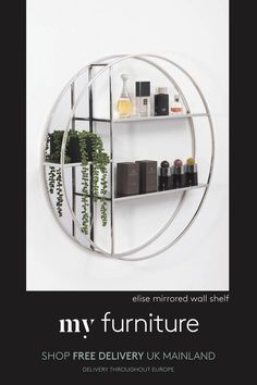 an advertisement for a furniture store featuring shelves with plants and bottles on them in front of a white wall