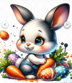 a cute little bunny sitting on top of some carrots and an egg with bubbles in the background