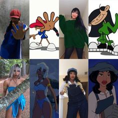 several cartoon characters are shown in this collage with one woman wearing overalls and the other holding an umbrella