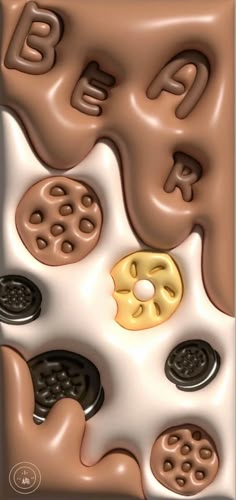 an abstract painting with gold and black buttons on it's side, in shades of brown and white