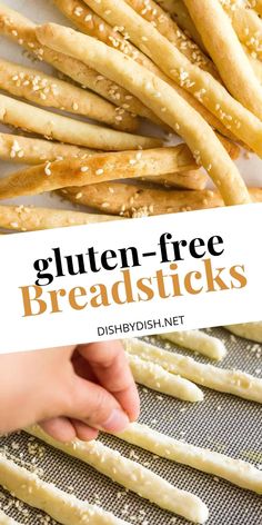 gluten - free breadsticks on a baking sheet with text overlay