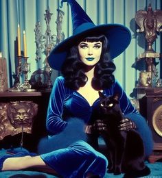 a woman sitting on the floor next to a black cat wearing a witches hat and blue velvet outfit