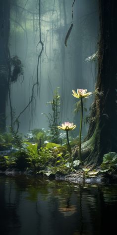 two water lilies in the middle of a swampy area