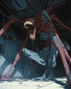 a demonic looking creature with sharp teeth and large fangs on its face, standing in a warehouse