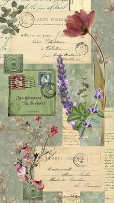 a collage of postcards with flowers and letters