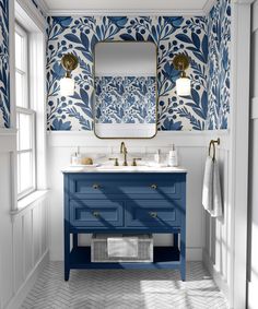 a bathroom with blue and white decor on the walls, flooring and vanity area