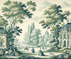 a painting of people riding horses in a wooded area