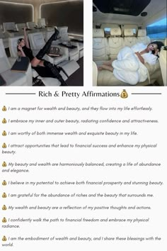 an advertisement for rich and pretty affirmations on the inside of a private jet