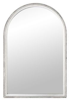 an arched mirror with rope trimming around the edges and bottom edge, on a white background