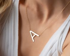 "14k Solid Gold Big Letter Necklace /Sideways Initial Necklace /  Personalized Letter Necklaces / Custom Inıtıal Necklace / Personalized Gift For Her / Halloween Gift / Necklaces For Women /Mothers Day Gift / Handmade Jewelry * Gold KT: 14K Solid Gold * Gold Color: 14k Yellow Gold * Chain Lengths: 14\", 15\", 16'', 18\", 20\", 22\", 24\" * The thickness of the letter is ideal. It is resistant to breakage and bending. Follow on Instagram - @bayargold.tr My Web Site - https://www.bayargold.com * Bayar Gold is a fine jewelry company. Please do not hesitate to ask us questions. We are always here to help you. * All items are packed in the high-quality jewelry box. The gift message is available. Please let us know what to write by leaving us a note at checkout.  * Gift wrapping available.  Expr Cat Paw Necklace, Cat Necklace Gold, Schmuck Gold, Big Letter, Sideways Initial Necklace, Fan Necklace, Caged Necklace, Gold Letter Necklace, Lovers Necklace